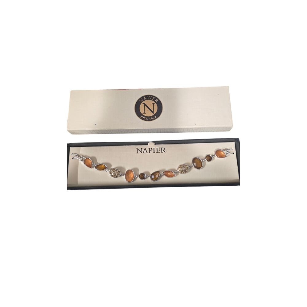 Napier Silver Tone Oval Link Chain Bracelet Brown Amber Simulated Crystal Bezel